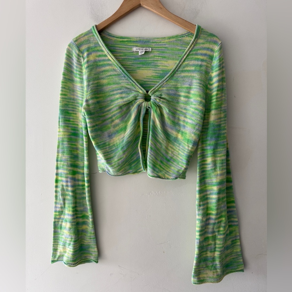 American Eagle Green Groovy Space Dye‎ Flare Sleeve Crop Top